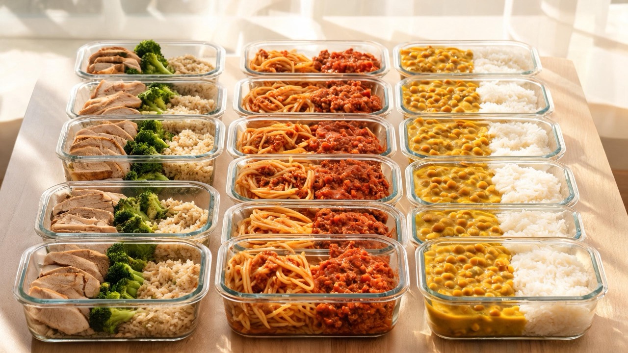 Weekmenu voor meal prep: rijen gevulde glazen bakjes met kip met rijst, pasta met gehakt en kikkererwtencurry